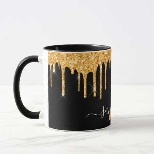 Zwart goudglitter druppelt monogram naamscript mok (Links)