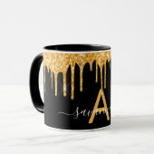 Zwart goudglitter druppelt monogram naamscript mok (Voorkant links)