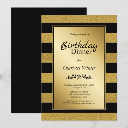 Zwart-goudglitter gestreept avondeten kaart (Voorkant / Achterkant)