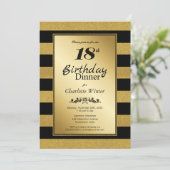 Zwart & goudglitter Striped 18th Birthday Dinner Kaart (Staand voorkant)