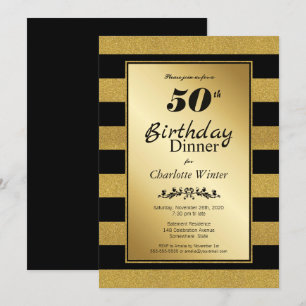 Zwart & goudglitter Striped 50th Birthday Dinner Kaart