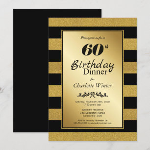 Zwart & goudglitter Striped 60th Birthday Dinner Kaart