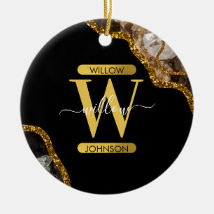 Zwart-goudgrijs Geode Glitter Monogram Marmer Keramisch Ornament