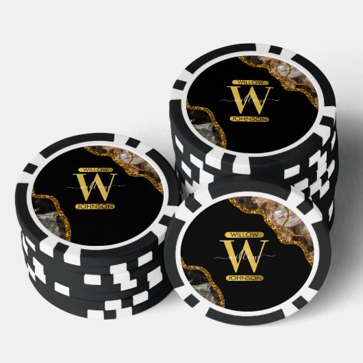 Zwart-goudgrijs Geode Glitter Monogram Marmer Poker Chips (Opstapeling)