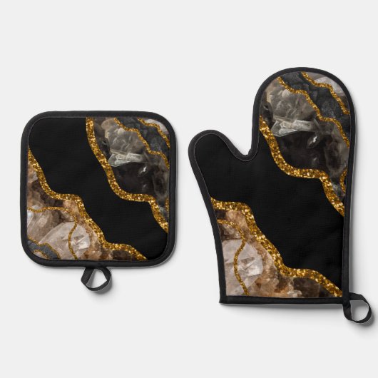 Zwart-goudgrijs Glitter Ovenwant & Pannenlap Set (Voorkant)