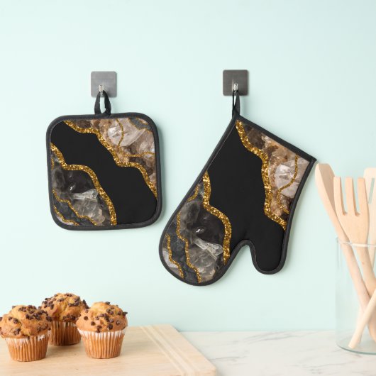 Zwart-goudgrijs Glitter Ovenwant & Pannenlap Set (Insitu(Ophanging))
