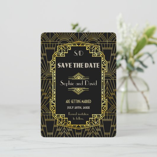 Zwart-goudkleurige Gatsby Art Deco Bespaar de datu Kaart (Staand voorkant)