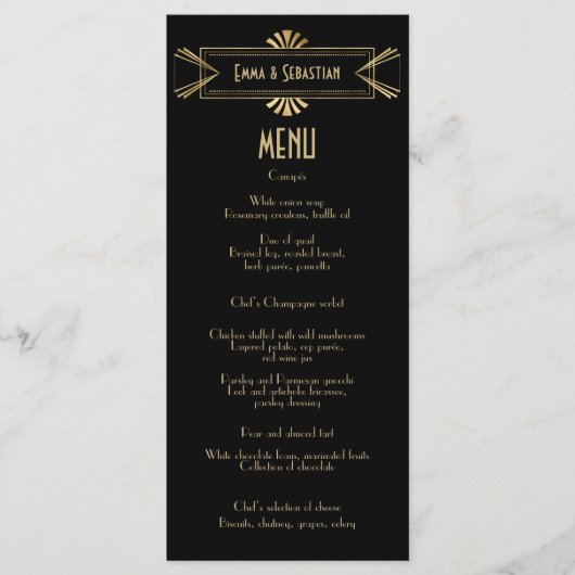 Zwart-goudkunstdecofam Weddenschap Menu (Voorkant)