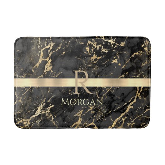 Zwart-goudmarmer, goudbalk, DIY-naam en monogram Badmat (Voorkant)