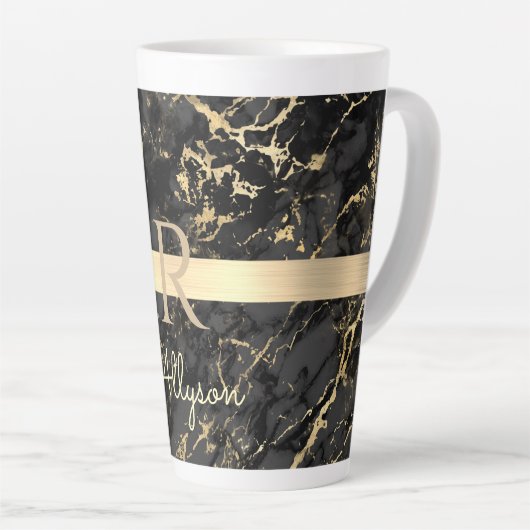 Zwart-goudmarmer, goudbalk, DIY-naam en monogram Latte Mok (Rechterhoek)