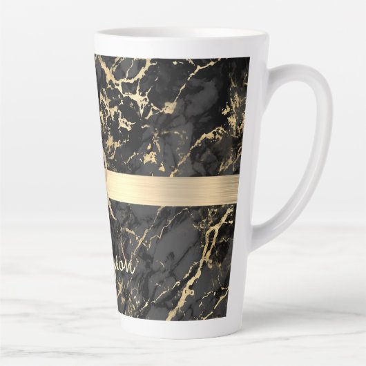 Zwart-goudmarmer, goudbalk, DIY-naam en monogram Latte Mok (Rechts)
