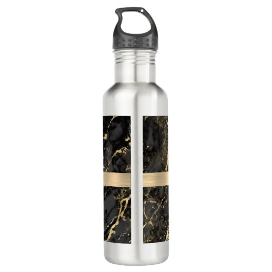 Zwart-goudmarmer, goudbalk, DIY-naam en monogram Waterfles (Achterkant)