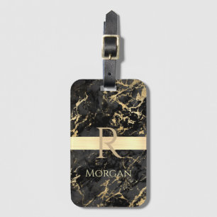 Zwart/goudmarmer, goudbalk, DIY-naam/Monogram Vs2 Bagagelabel