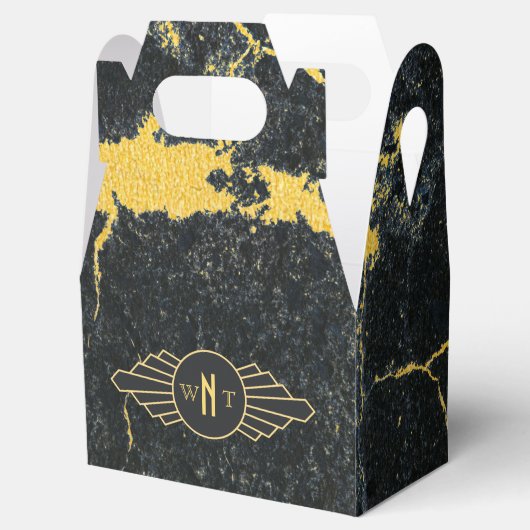 Zwart goudmarmer met drie Letter-monogram Art Deco Bedankdoosjes (Geopend)