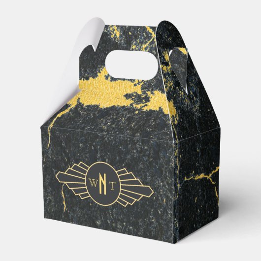 Zwart goudmarmer met drie Letter-monogram Art Deco Bedankdoosjes (Voorkant Zijde)