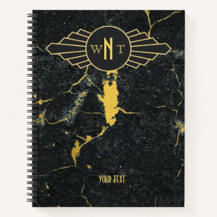 Zwart goudmarmer met drie Letter-monogram Art Deco Notitieboek