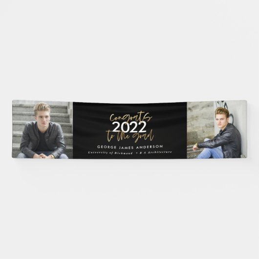 Zwart + goudmodern script multi-fotoreafstuderen spandoek (Horizontaal)