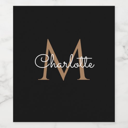 Zwart goudmonogram Elegant Script Wine Label Wijn Etiket (Enkel label)