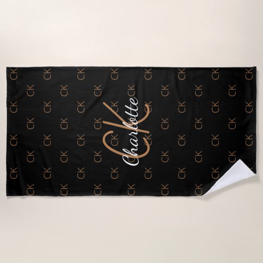 Zwart goudmonogram initiaal naam script elegant strandlaken (Voorkant)