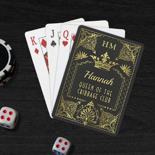 Zwart goudmonogram koningin of aangepaste tekst pokerkaarten