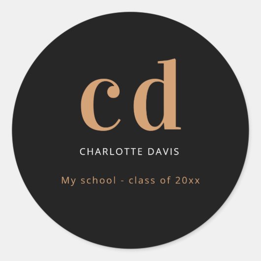 Zwart goudmonogram moderne minimalist ronde sticker (Voorkant)