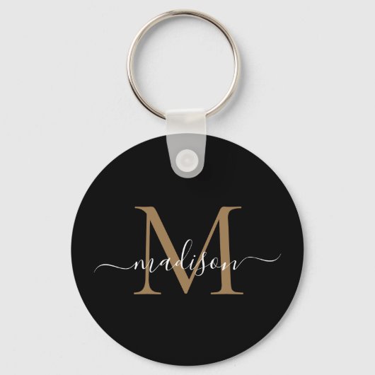 Zwart goudmonogram Naam Elegant modern script Sleutelhanger (Voorkant)