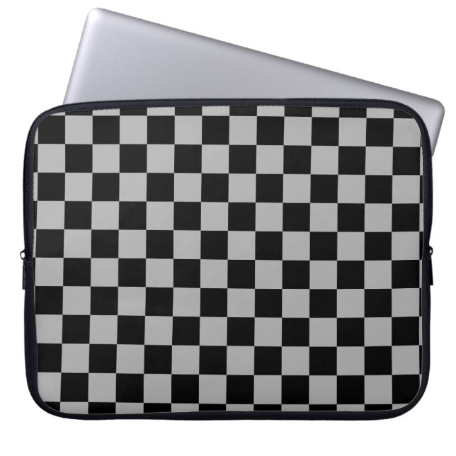 Zwart + Grijs Check Checkerboard Patroon Laptop Sleeve (Voorkant)