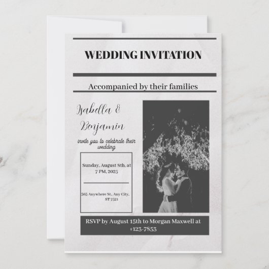 Zwart Grijs Eenvoudige krant bruiloft uitnodiging (Voorkant)