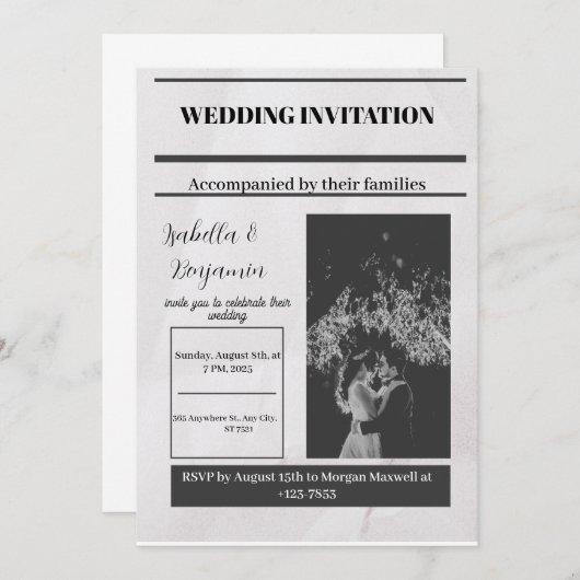 Zwart Grijs Eenvoudige krant bruiloft uitnodiging (Voorkant / Achterkant)