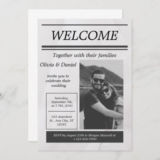 Zwart Grijs Eenvoudige  krant bruiloft uitnodiging (Voorkant / Achterkant)