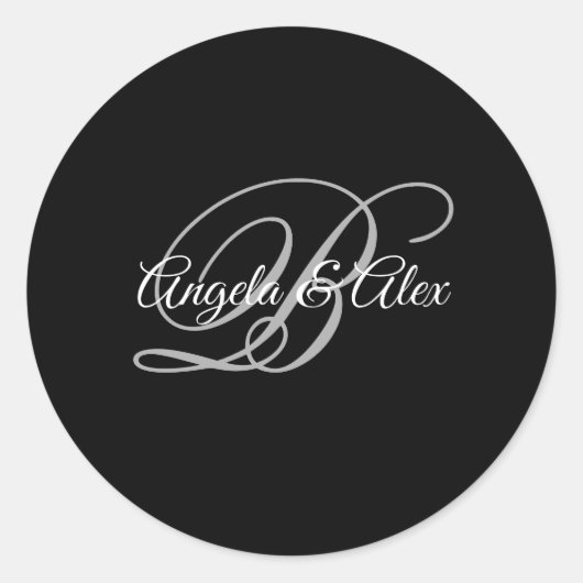 Zwart grijs en wit Fancy Script-monogram Ronde Sticker (Voorkant)