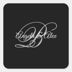 Zwart grijs en wit Fancy Script-monogram Vierkante Sticker