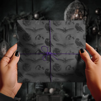 Zwart Grijs Gothic Crow & Bat Creepy Skull Cadeaupapier