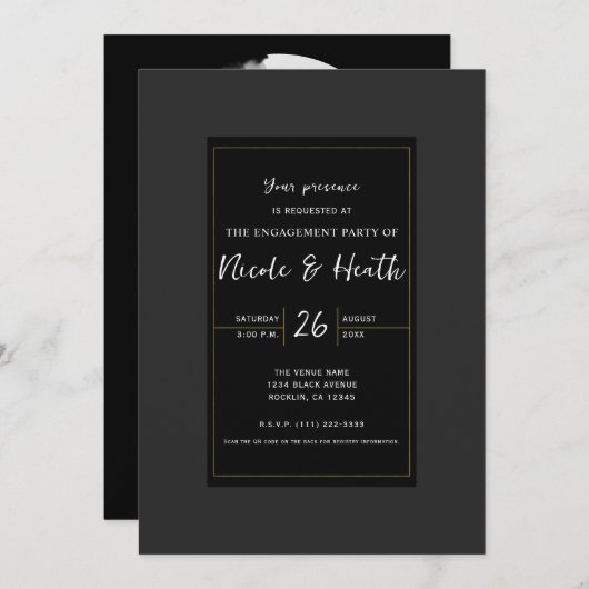 Zwart Grijs Goud Modern Minimaal Elegant Verloving Kaart (Voorkant / Achterkant)