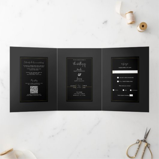 Zwart Grijs Goud Modern Minimal Elegant Huwelijk Drieluik Uitnodiging (Binnen)