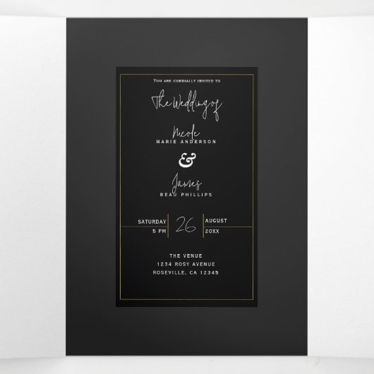 Zwart Grijs Goud Modern Minimal Elegant Huwelijk Drieluik Uitnodiging (Binnenkant midden)