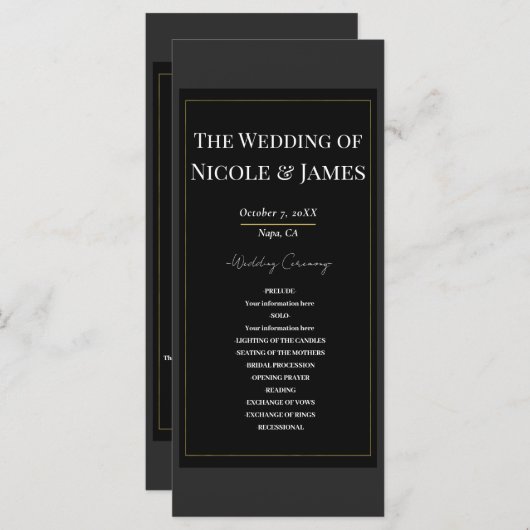 Zwart Grijs Goud Modern Minimal Wedding Programma (Voorkant / Achterkant)