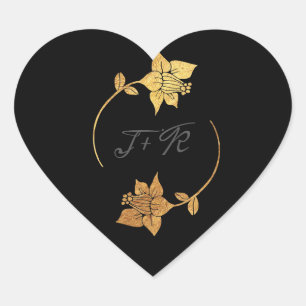 Zwart grijs monogram goudbloemen Initiaal Minimaal Hart Sticker