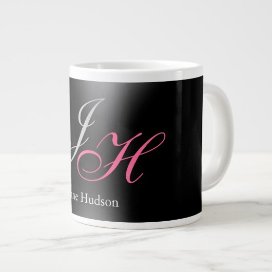 Zwart Grijs Monogram Naam Initiaal Letters Script Extra Grote Beker (Voorkant rechts)