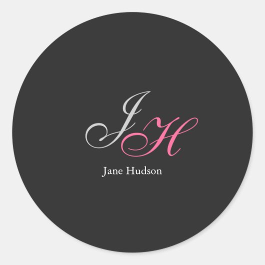 Zwart Grijs Monogram Naam Initiaal Letters Script Ronde Sticker (Voorkant)