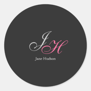 Zwart Grijs Monogram Naam Initiaal Letters Script Ronde Sticker