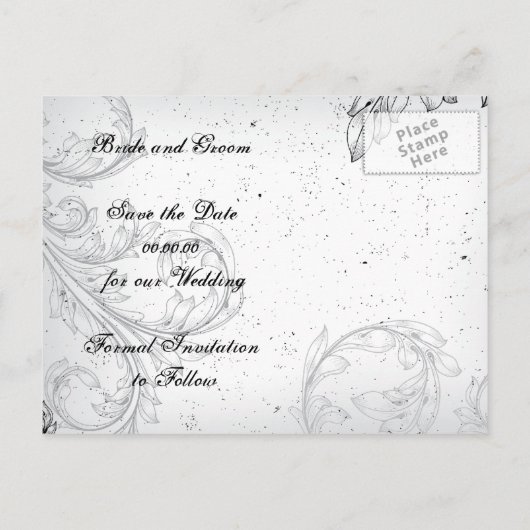 zwart grijs scrollblad Save the Date Aankondigingskaart (Achterkant)