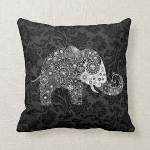Zwart & Grijs Tonen Retro Bloemenolifant Kussen
