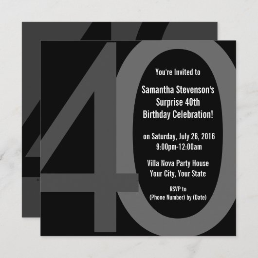 Zwart/Grijs Vierkant Groot 40 Verjaardagsfeestuitn Kaart (Voorkant / Achterkant)