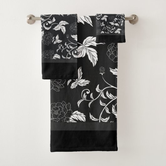 Zwart grijs wit elegant modern Floral Leaf  Bad Handdoek (Insitu)