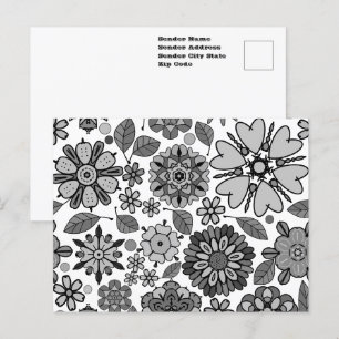Zwart Grijs Wit Retro Bloem Kunst Naadloos Patroon Briefkaart
