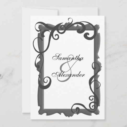 Zwart/Grijs Wit Swirl Lijst bruiloft uitnodigingen (Voorkant)