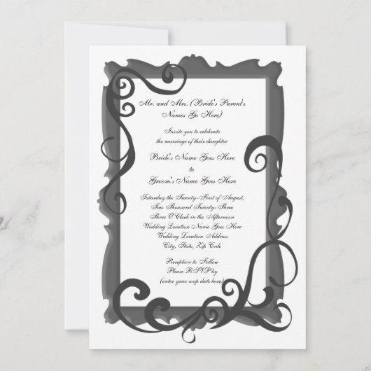 Zwart/Grijs Wit Swirl Lijst bruiloft uitnodigingen (Achterkant)
