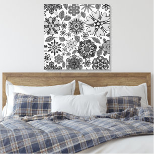 Zwart Grijs Witte Retro Bloemige Kunst Naadloos Pa Canvas Afdruk