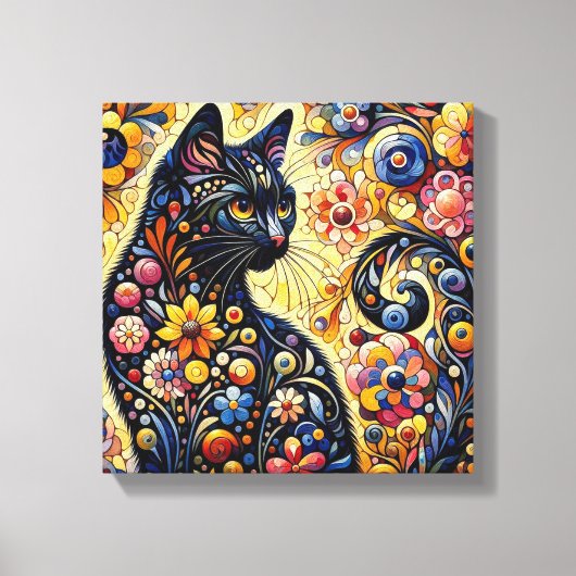 Zwart grillig kat Abstract bloemschilderij kunst Canvas Afdruk (Voorkant)